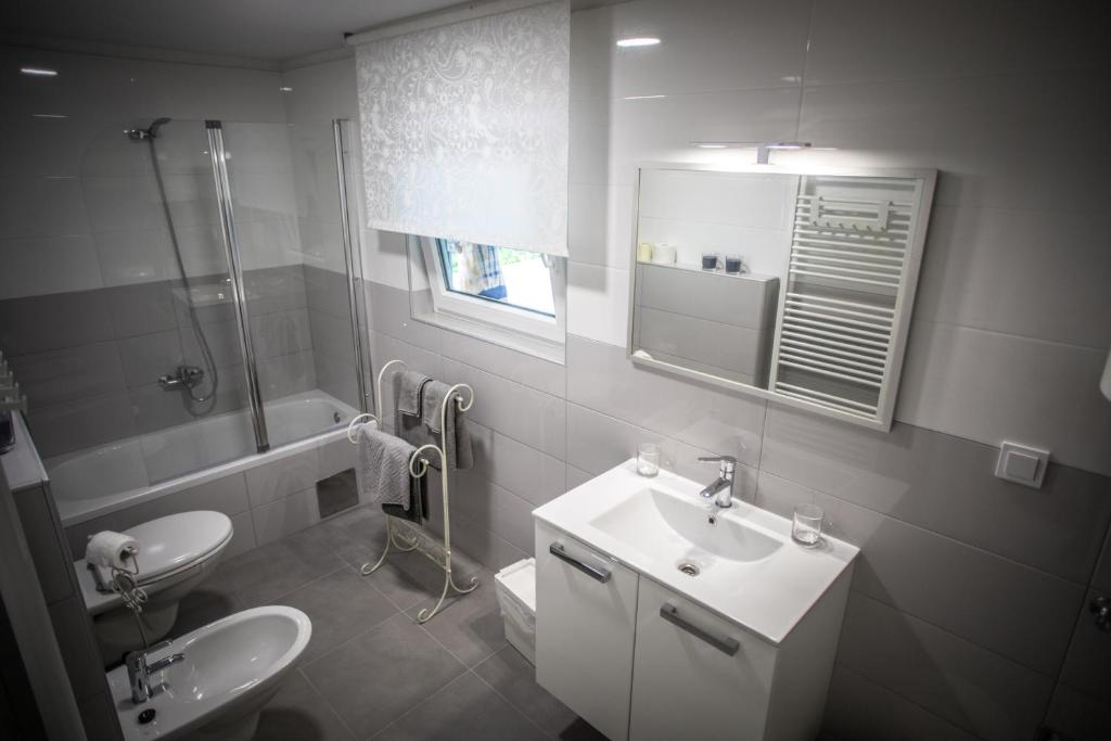 a bathroom with a sink and a toilet and a mirror at Apartman Magnolia in Ivanić-Grad