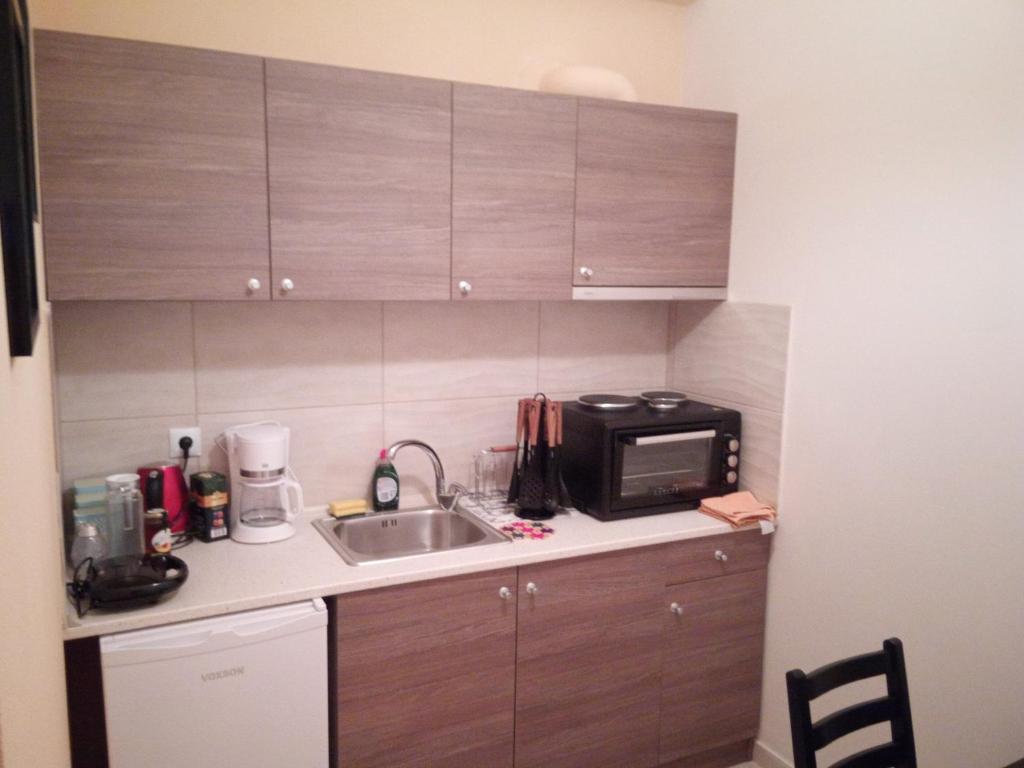 a small kitchen with a sink and a microwave at Teo's House 2 in Kalabaka