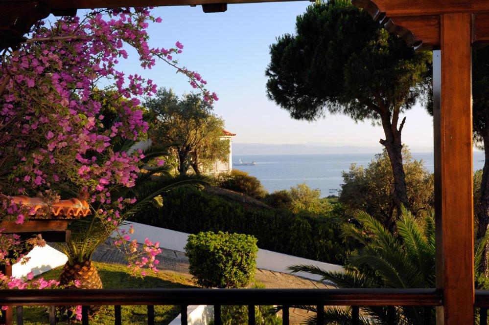 a view of the ocean from a balcony with flowers at Villa Anna Maria in Agia Paraskevi