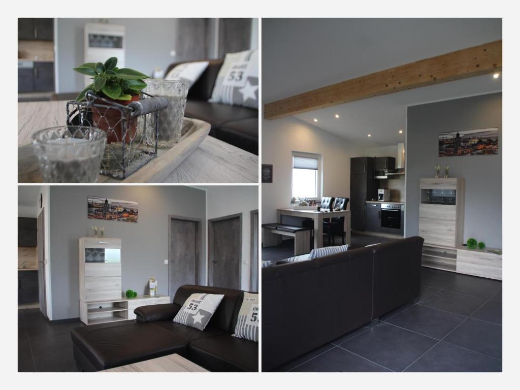 3 vistas diferentes de uma sala de estar e de uma cozinha em Eifel Apartments em Esch