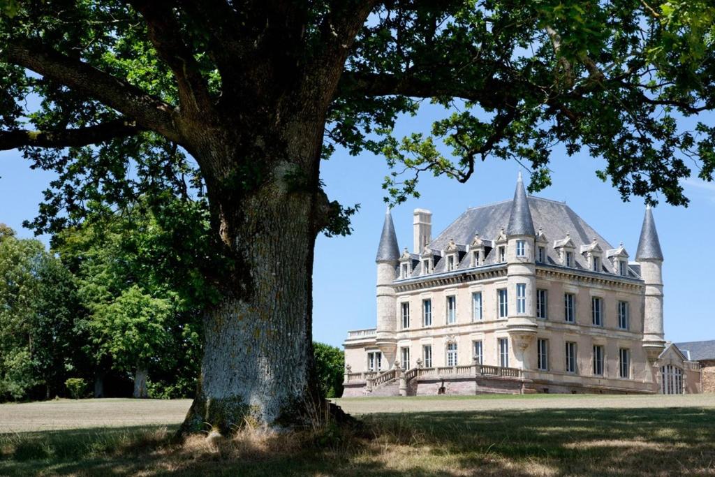 een groot wit huis met een boom ervoor bij Chateau De La Goujonnerie in Loge-Fougereuse