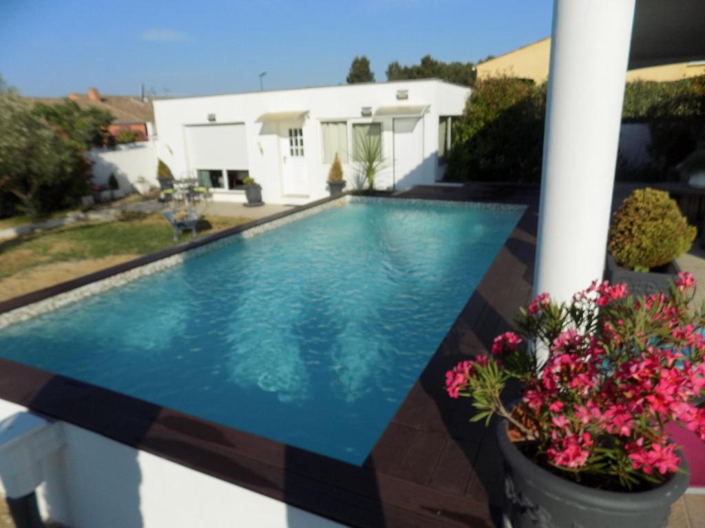 a swimming pool on a balcony with flowers at Villa VAYA in Villemoustaussou