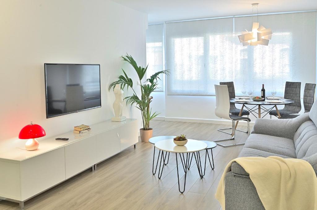 een woonkamer met een bank en een tv bij Stay In Plaza in Alicante