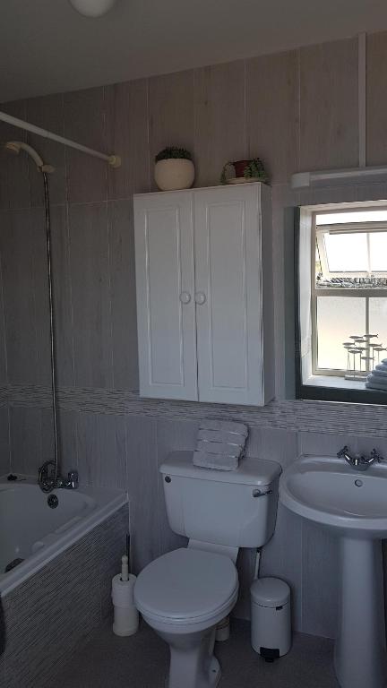 a bathroom with a white toilet and a sink at Bay View House in Liscannor