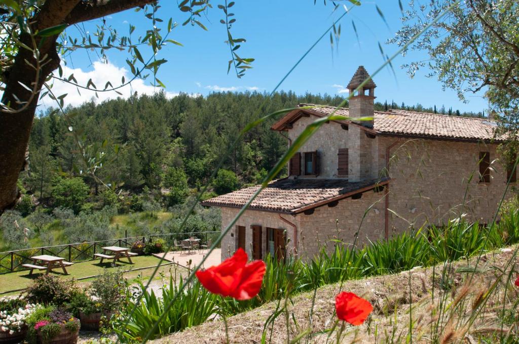 una casa con flores rojas delante de ella en Agriturismo Molino Verde, en Montecchio