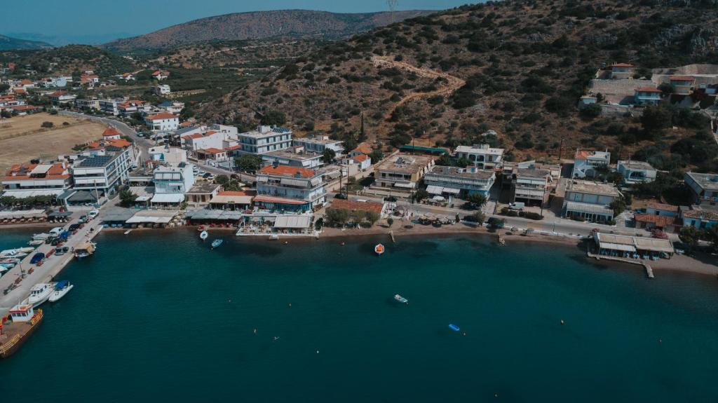 an aerial view of a harbor with boats in the water at Vivari Acta in Vivari