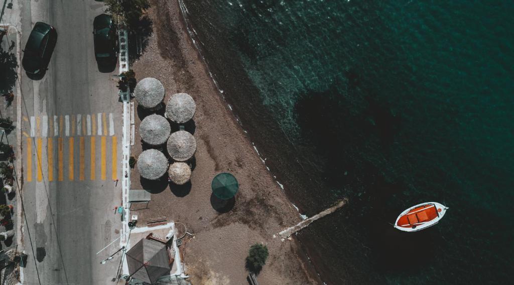 an overhead view of a boat in the water at Vivari Acta in Vivari