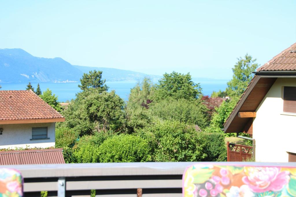 einen Blick auf das Wasser vom Balkon eines Hauses in der Unterkunft Les Narcisses in Blonay