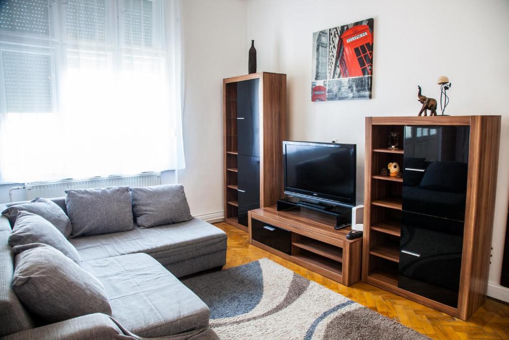 a living room with a couch and a television at Inner City Apartment in Debrecen