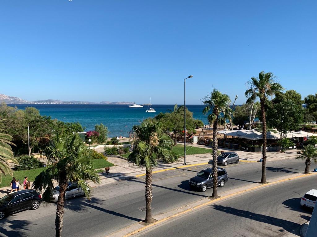 a street with palm trees and a beach with a boat at Alex's place in Vari