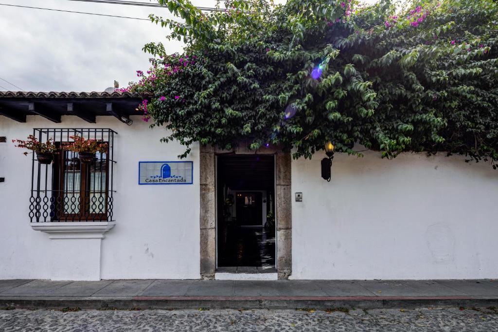 een wit gebouw met een boom voor een deur bij Casa Encantada by Porta Hotels in Antigua Guatemala