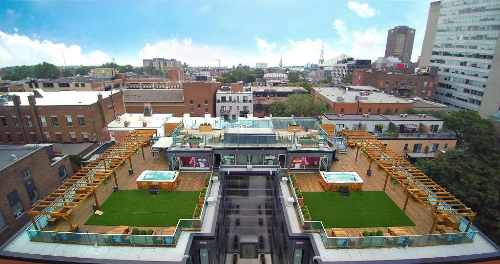 an aerial view of a building in a city at M Montreal Hostel in Montréal