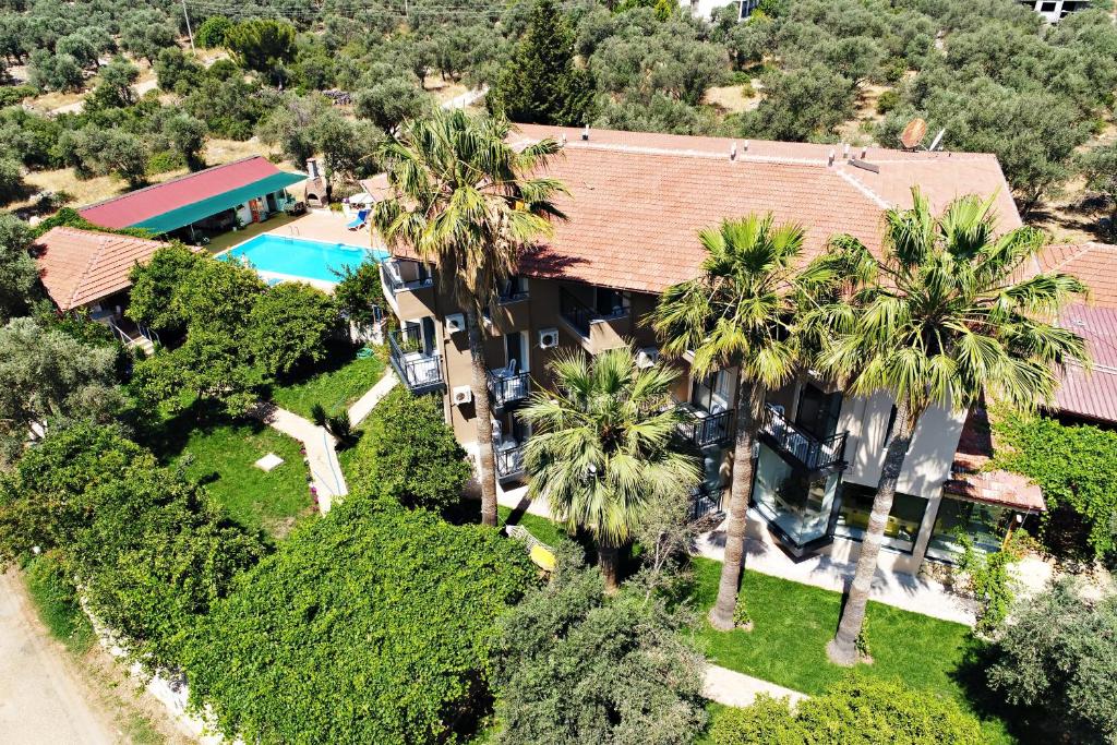 an aerial view of a house with a pool and palm trees at Ferah Hotel in Patara