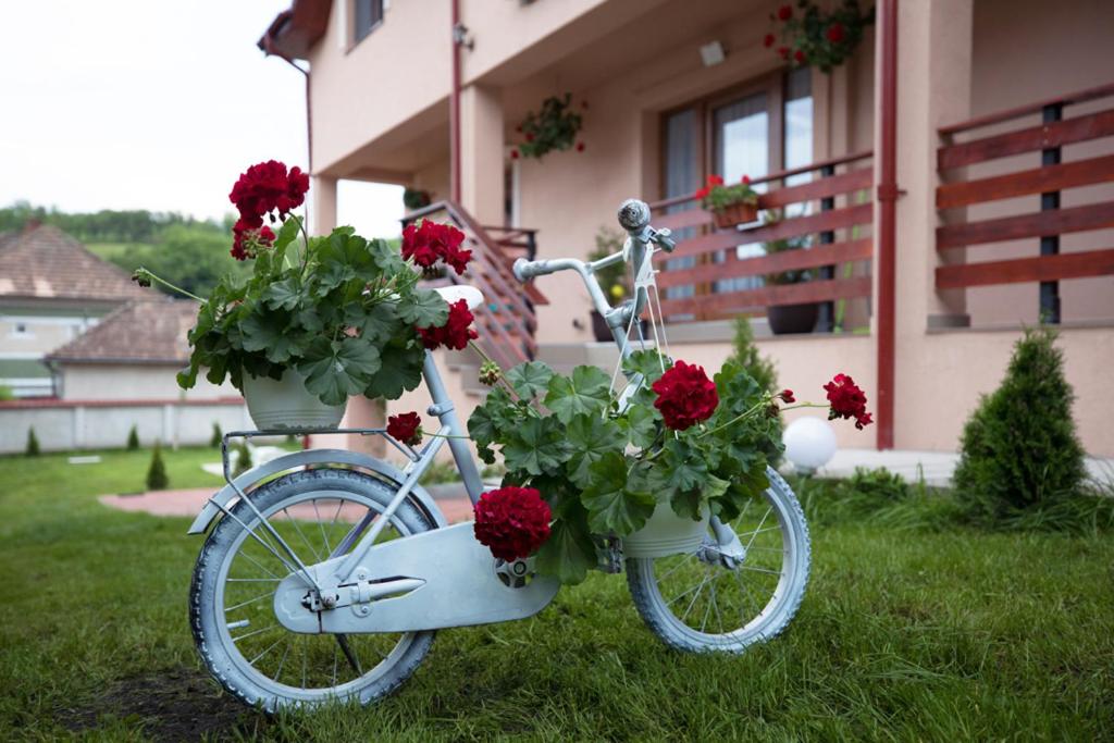 a bike with flowers on it parked in the grass at Muskatli Panzio Sic in Sic