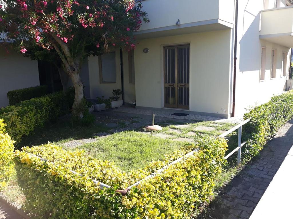 un patio con flores amarillas delante de una casa en NOVITA'!! Intero appartamento a Marina di Cecina en Marina di Cecina