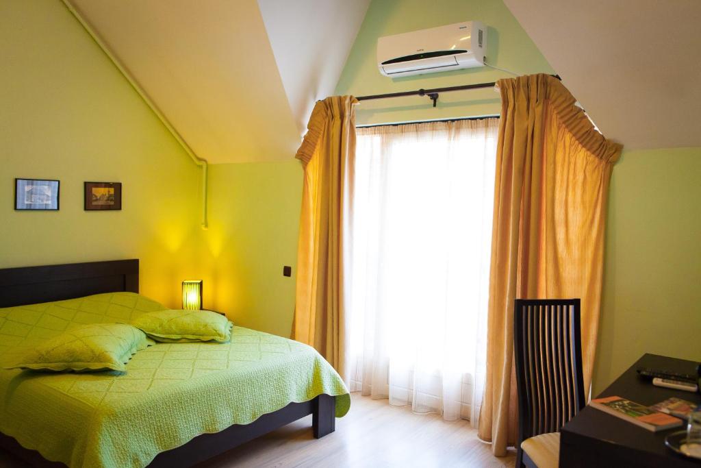 a bedroom with a bed and a large window at Rami House central double rooms in Braşov