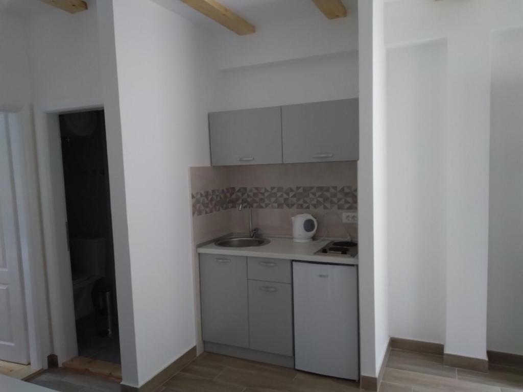 una pequeña cocina con armarios blancos y fregadero en Guest House Dzakovic Stana, en Žabljak