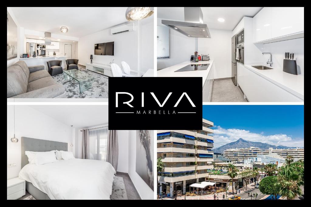 un collage de dos fotos de un dormitorio y un apartamento en by RIVA - Luxurious, Exclusive 2 Bedroom Apt inside Puerto Banus, en Marbella