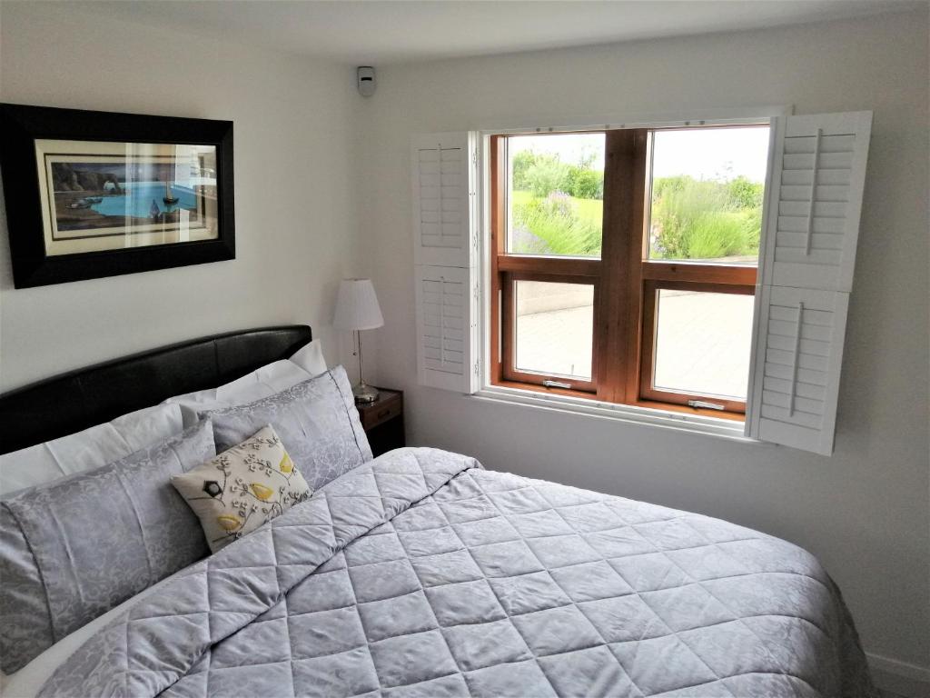 a bedroom with a bed and a window at BallyCairn Self Catering Studio in Larne