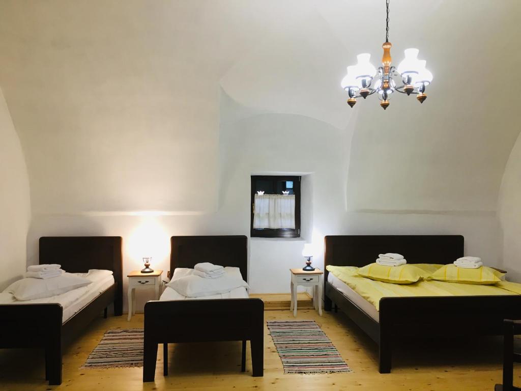 Habitación con 2 camas y lámpara de araña. en Miklós Lak, en Ocna de Sus