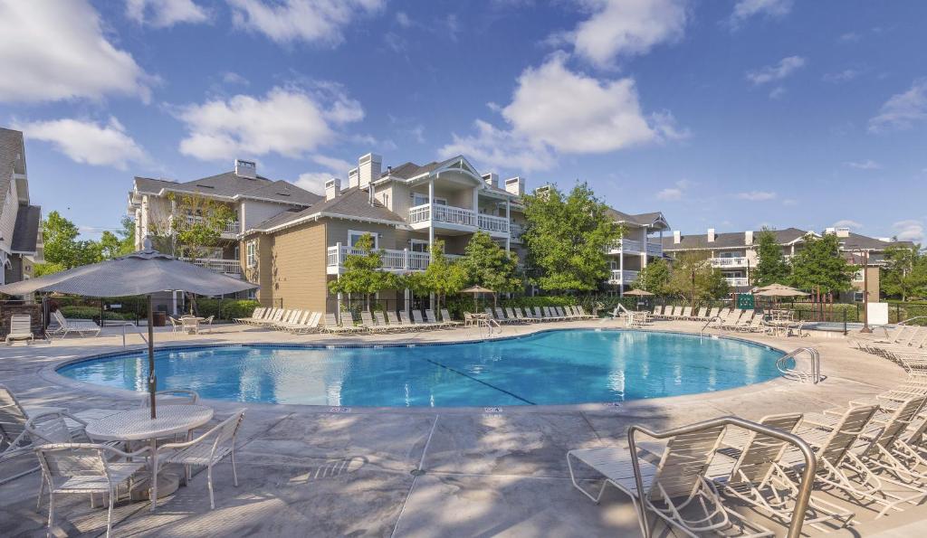 a large swimming pool with chairs and an umbrella at WorldMark Windsor in Windsor