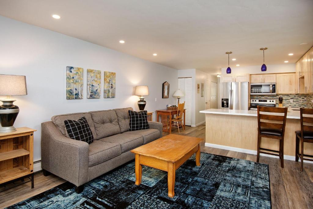 a living room with a couch and a table at Timber Ridge Unit 2E Condo in Aspen