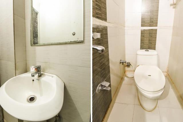 - deux photos d'une salle de bains avec toilettes et lavabo dans l'établissement D.C hotel, à Chittorgarh