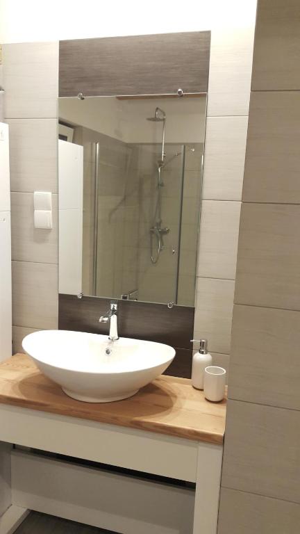 łazienka z białą umywalką i lustrem w obiekcie Magico Posto w mieście Wierzchucino
