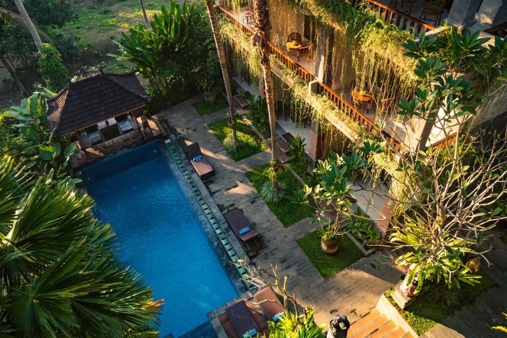 an overhead view of a swimming pool in a garden at Alam Terrace Cottages in Ubud