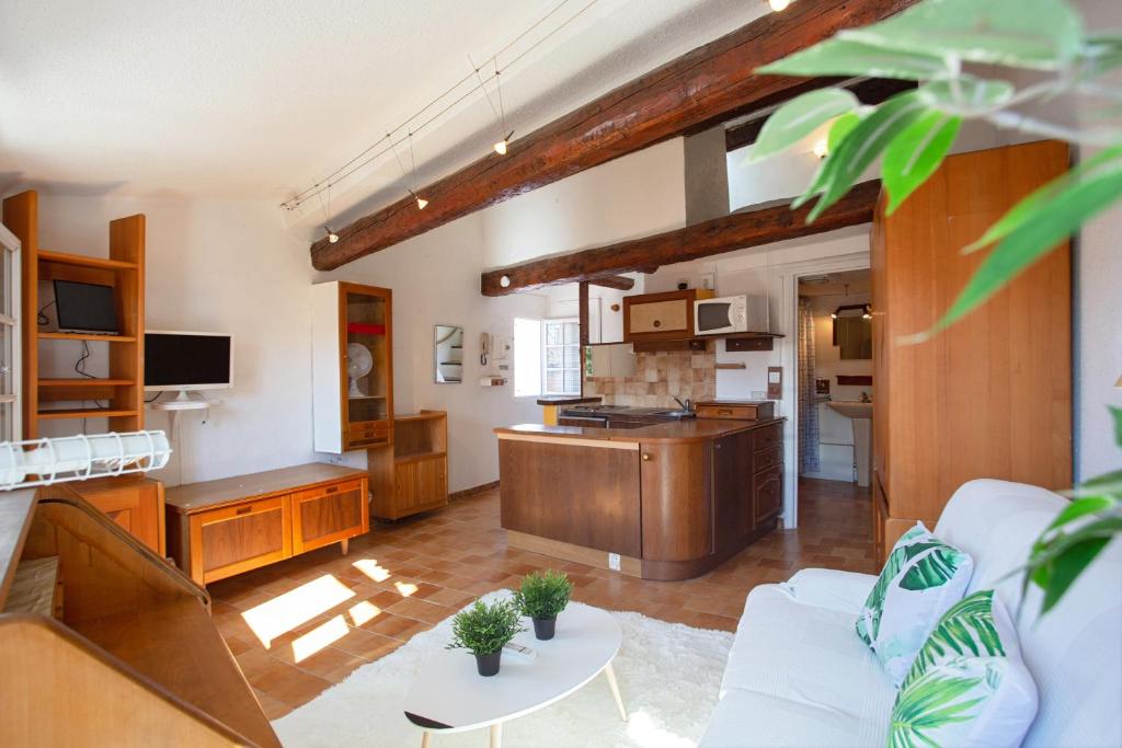 a living room with a couch and a kitchen at GregBnb - Centre ancien - CLIMATISÉ - T2 Mezzanine - 6eme étage in Toulon