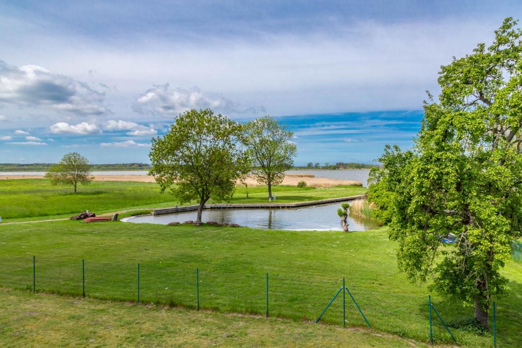 a pond in a field with trees and a fence at Ferienwohnung Leuchtturm in Dewichow