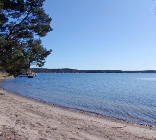 una playa con un árbol y un barco en el agua en Stora Timrarö Unwind, en Vadholma