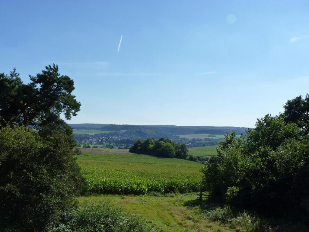 uma vista para um campo a partir de uma colina com árvores em Landhotel Weinrich em Naumburg