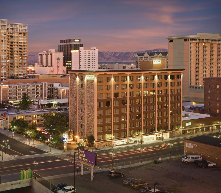 a city street with tall buildings and a clock tower at WorldMark Reno in Reno