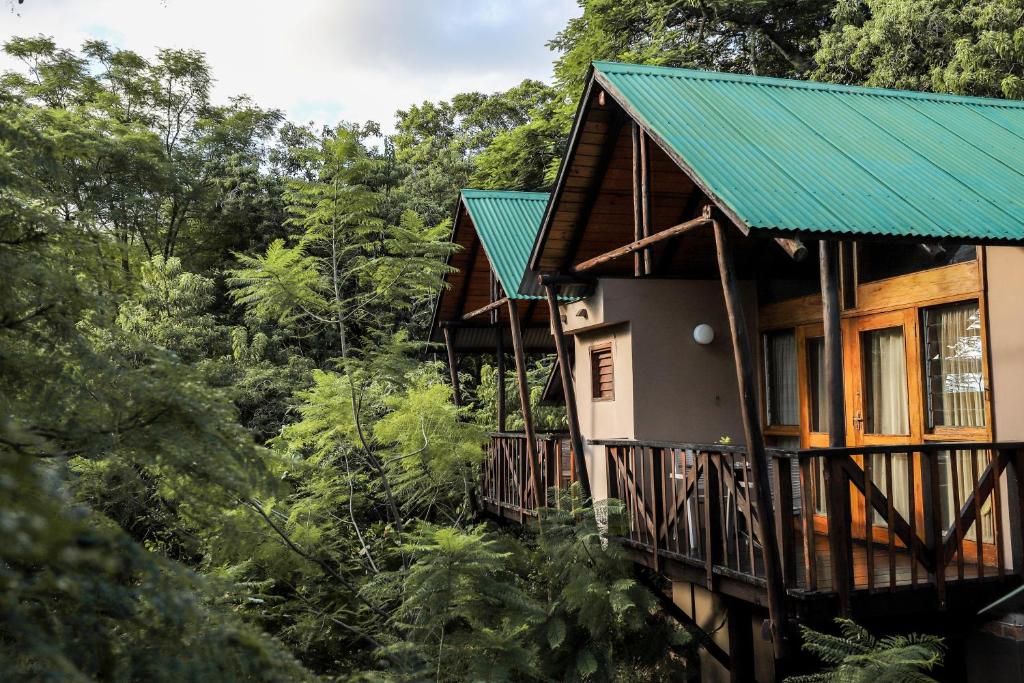a house with a green roof in the forest at Mantenga Lodge in Ezulwini