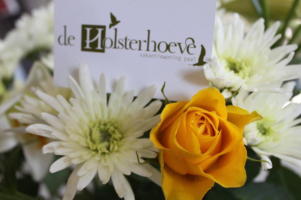 een boeket witte en gele bloemen met een bord bij De Holsterhoeve in Beringen