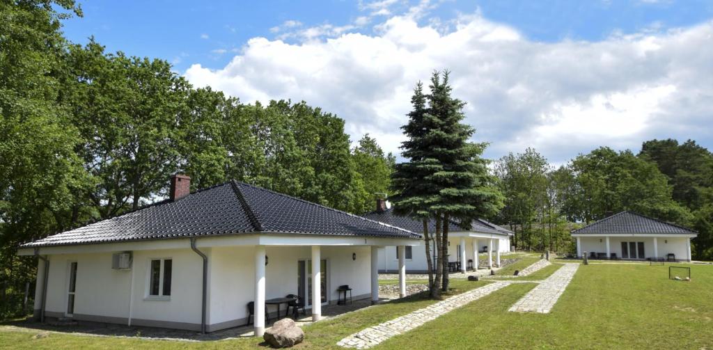 a white house with a tree in the yard at LouisaPark in Łagów