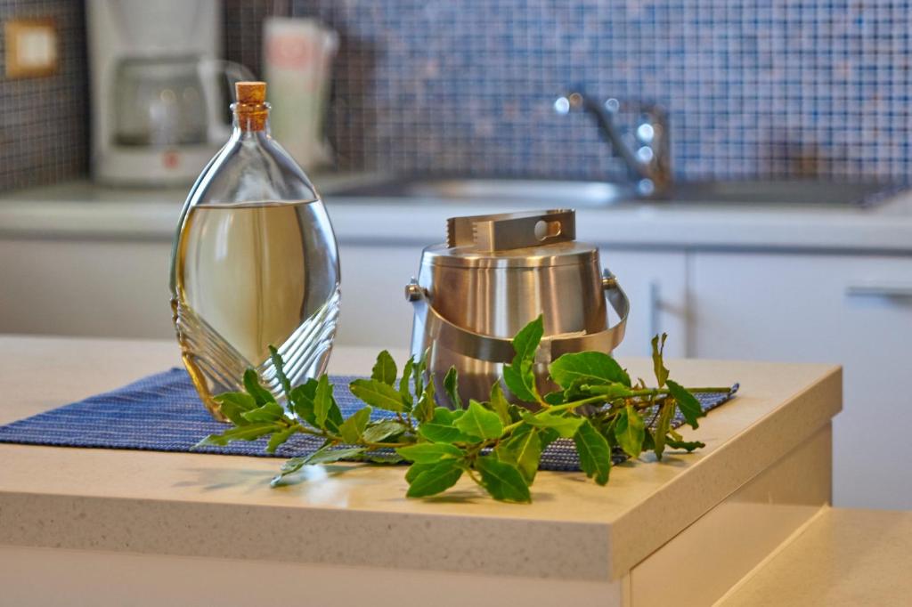 a bottle of wine sitting on top of a kitchen counter at Villa Giardina Apartments in Vinkuran