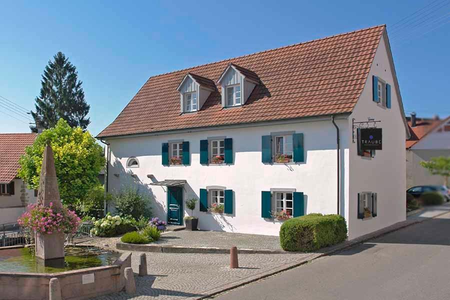 a white building with green shuttered windows and a street at Traube Blansingen in Efringen-Kirchen