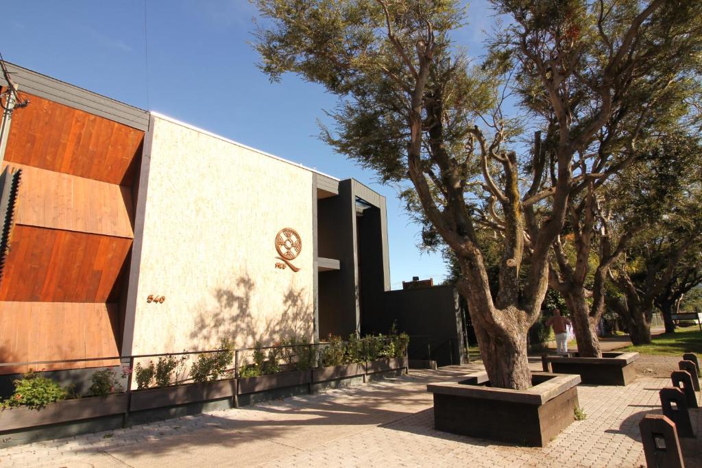 a building with a tree in front of it at Hotel Cumbres del Sur in Pucón