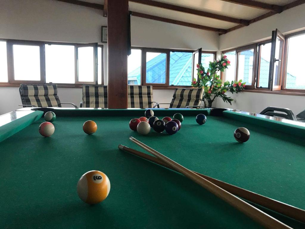 una sala biliardo con tavolo da biliardo con palle di Lake View a Sarichioi