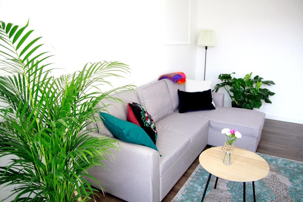 a white couch in a living room with plants at Apartament Flauta in Mikołajki