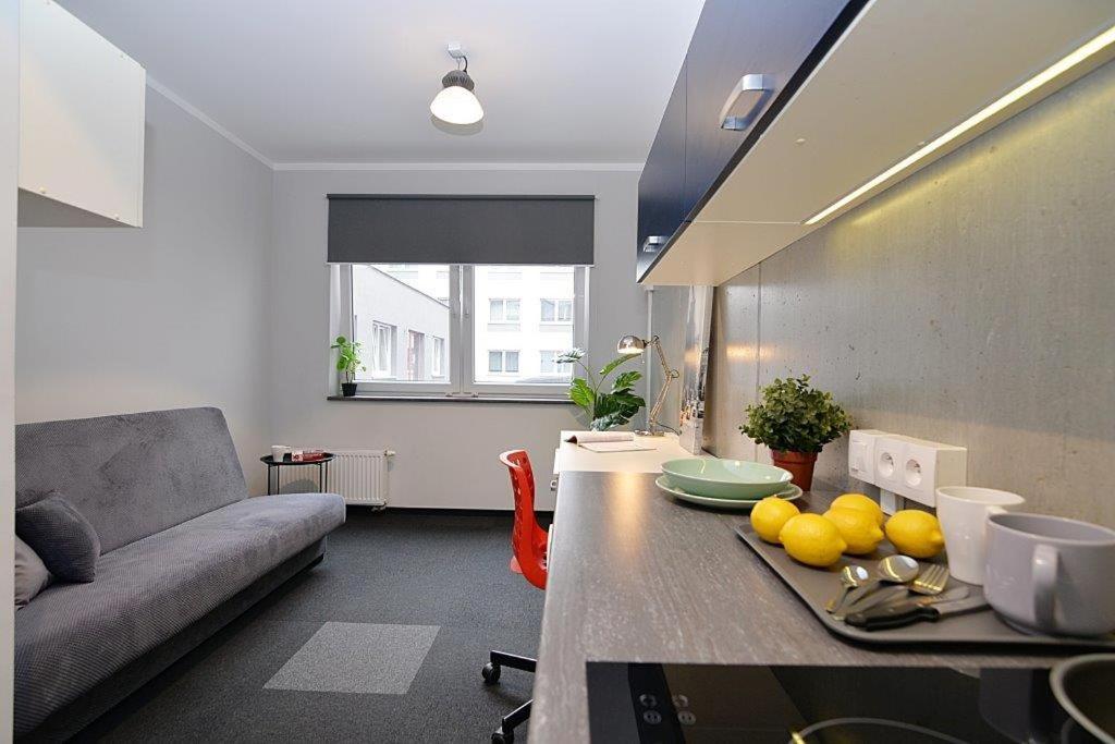 ein Wohnzimmer mit einem Sofa und einem Tisch mit Obst darauf in der Unterkunft Salsa Hostel Premium in Łódź