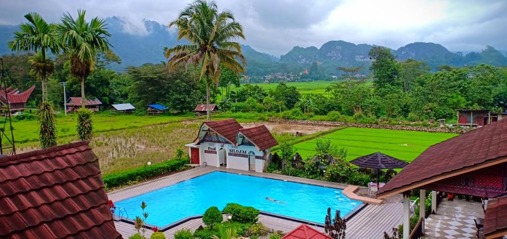 an aerial view of a villa with a swimming pool at Toraja Torsina Hotel in Rantepao