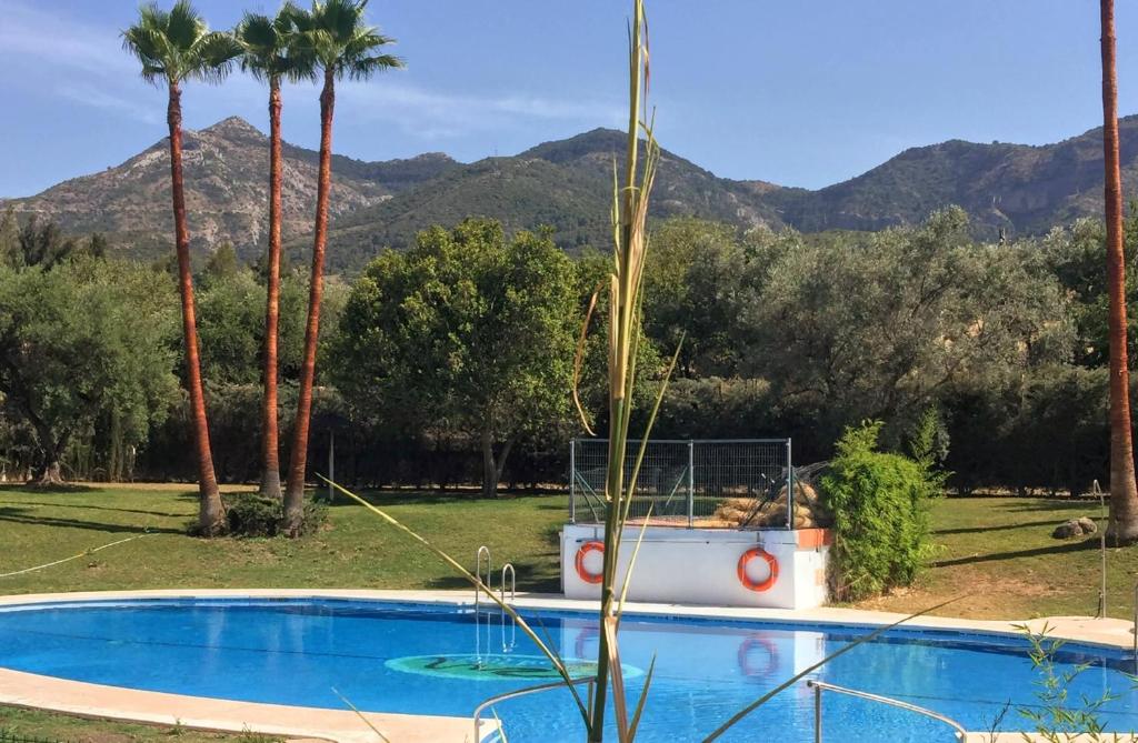 een zwembad met palmbomen en bergen op de achtergrond bij Lauro Golf Apartment 'Bamboo' in Alhaurín de la Torre