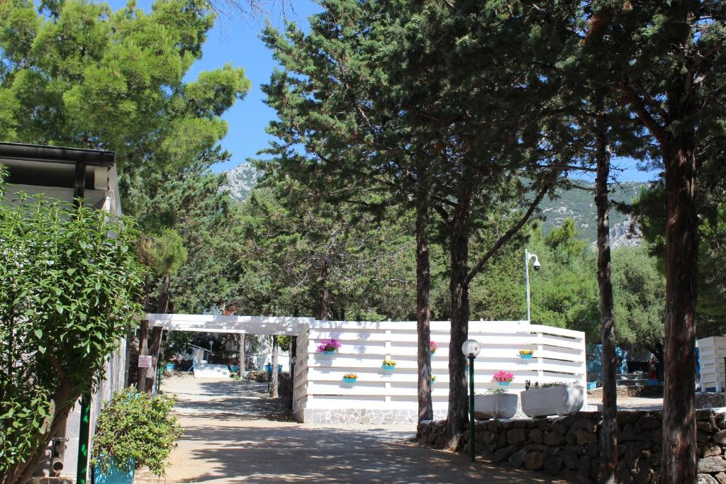 una valla blanca con árboles al lado de una carretera en Camping Car Palmasera en Cala Gonone