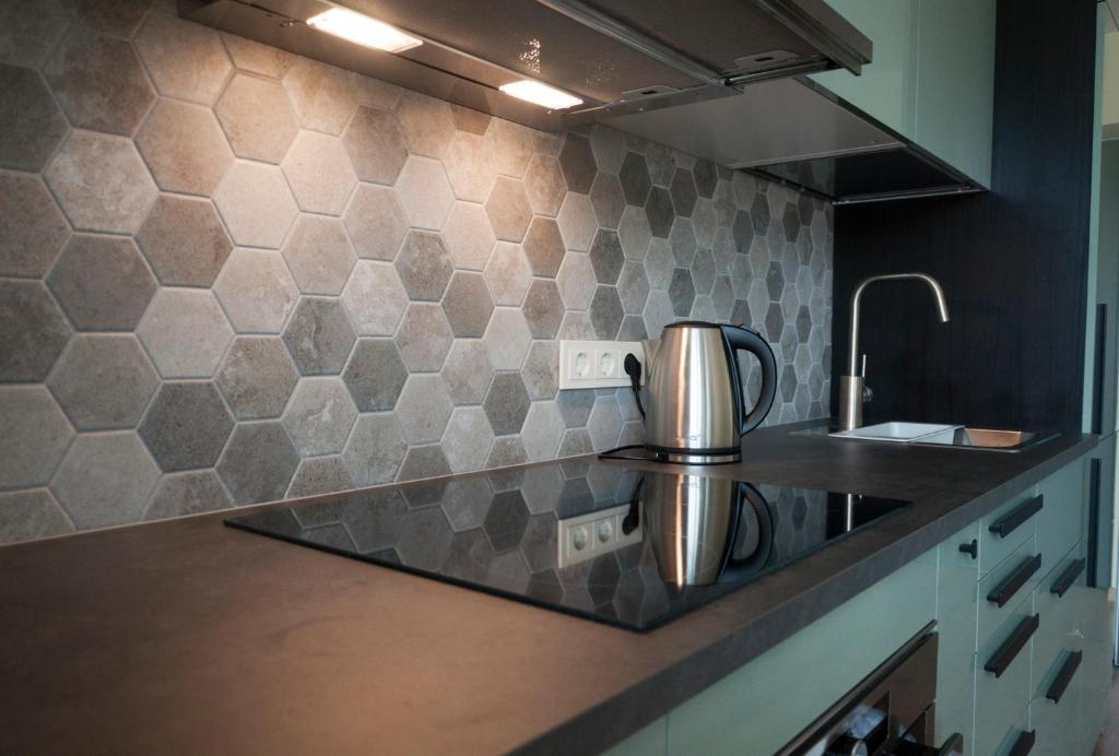 a kitchen with a sink and a counter top at Apartments Franny's Bees in Vilnius