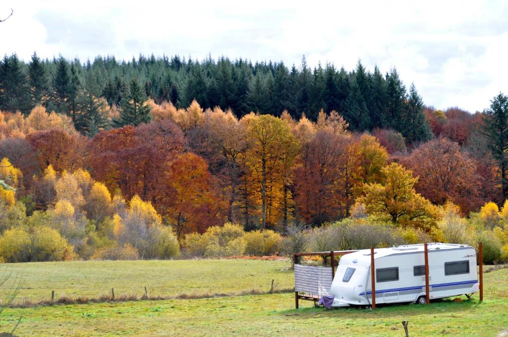a rv parked in a field in front of a forest at Guillerin Caravan and Glamping in Sornac