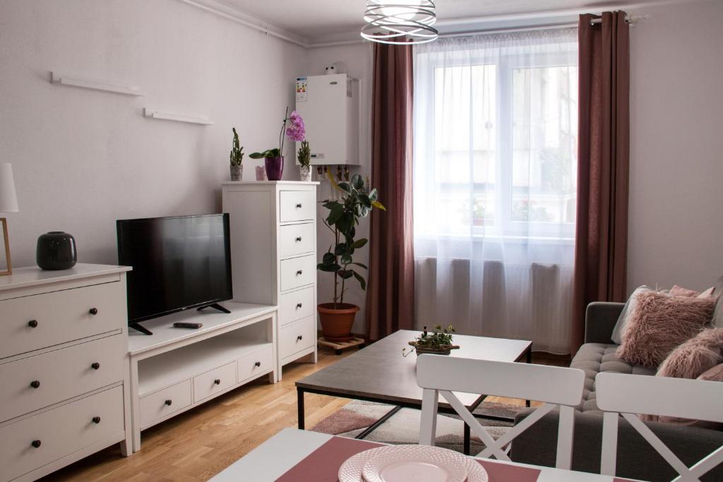 a living room with a tv on a dresser at Ana Cristina Apartament in Sighişoara