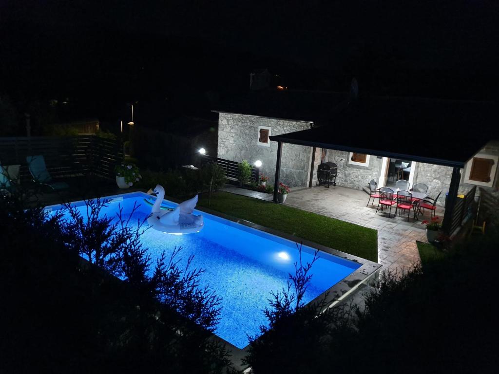 a swimming pool in a yard at night at Villa Kos in Lupoglav